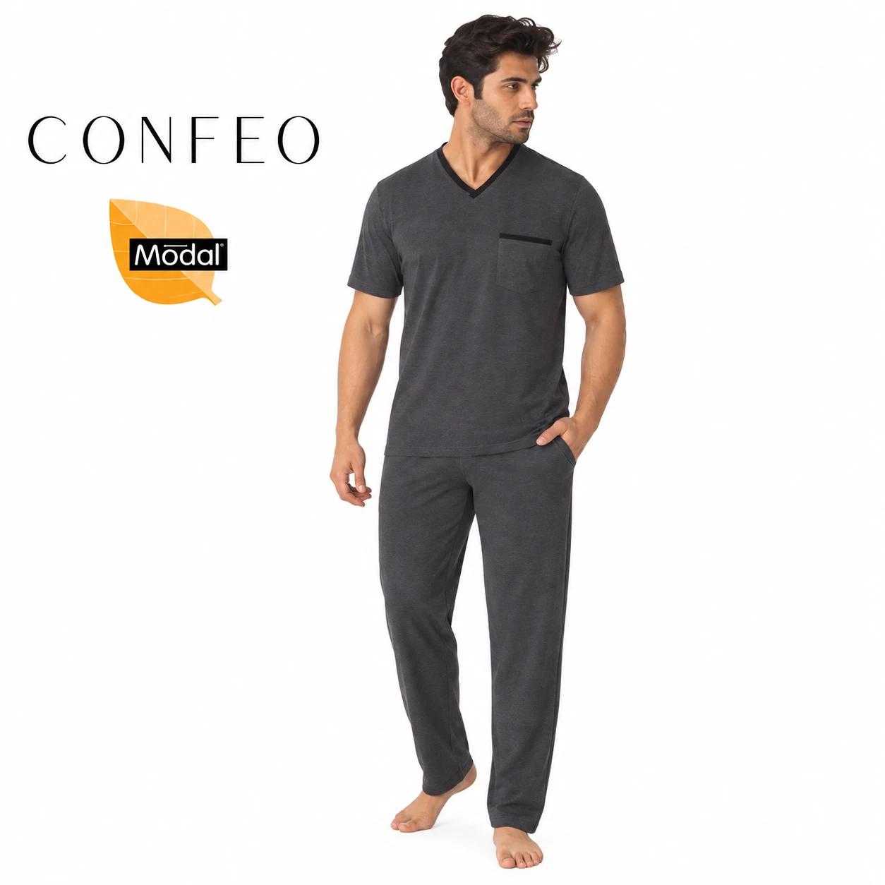 Erkek Modal Kısa Kol V Yaka Pijama Takımı Füme C940-157