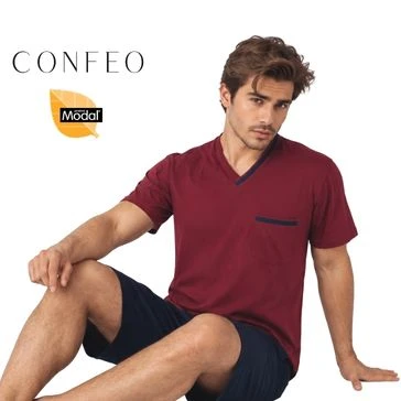 Erkek Modal V Yaka Kısa Kol Şortlu Takım Bordo C940-106