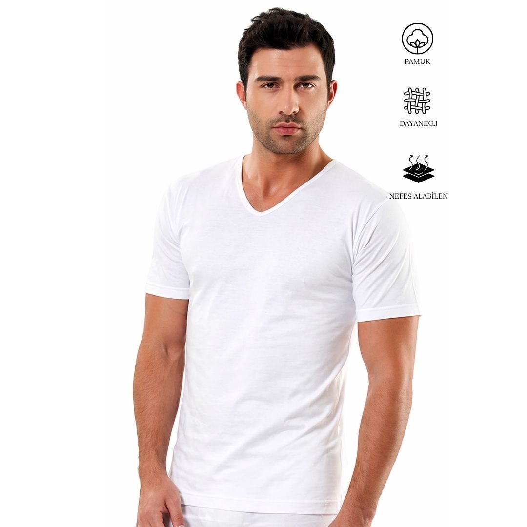 Erkek İnce Biyeli  Yarım  Kol V Yaka Atlet 1042-A