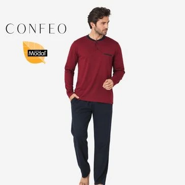 Erkek Modal Uzun Kol Patlı Pijama Takımı Bordo C940-027