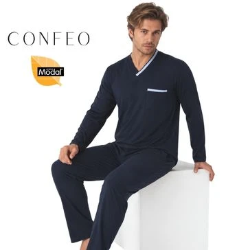 Erkek Modal Uzun Kol  V Yaka Pijama Takımı Lacivert C940-155