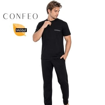 Erkek Modal Kısa Kol Patlı Pijama Takımı Siyah C940-028