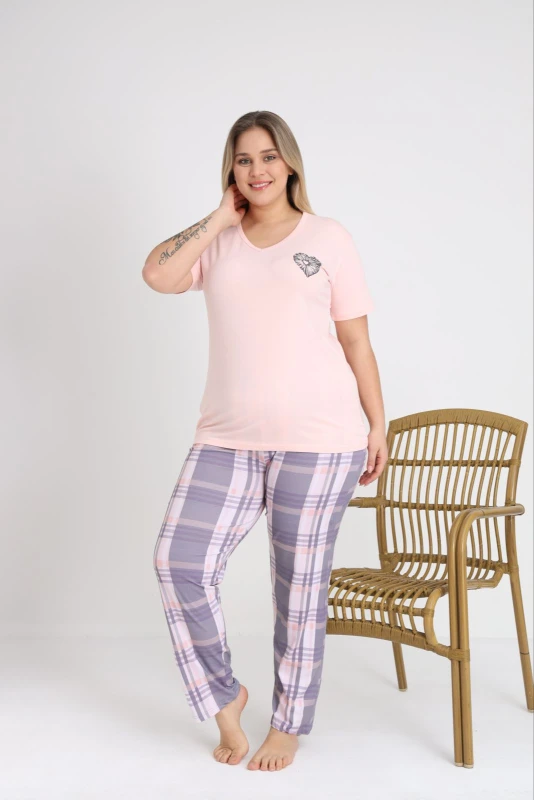 Kadın Büyük Beden V Yaka Kısa Kol Pijama Takımı C840-950 Asortı-2