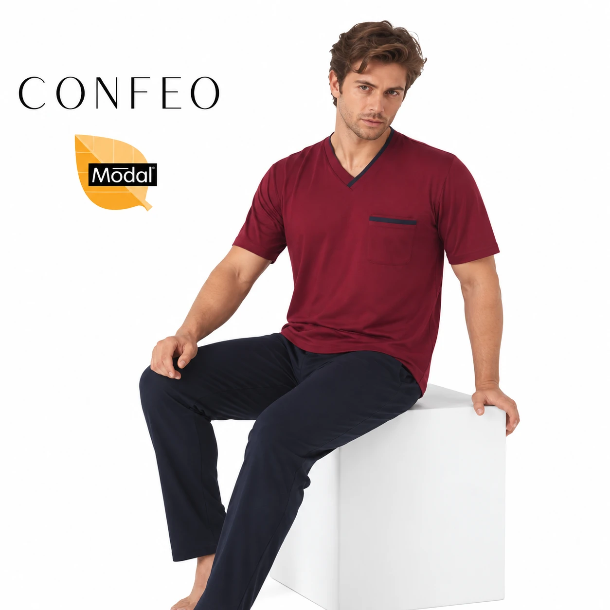 Erkek Modal Kısa Kol V Yaka Pijama Takımı Bordo C940-157