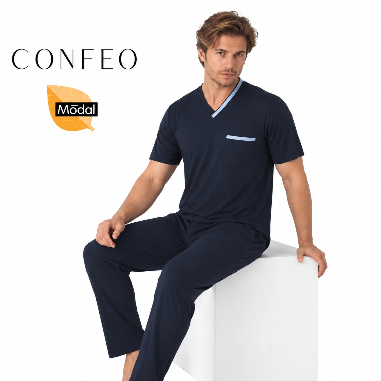 Erkek Modal Kısa Kol  V Yaka Pijama Takımı Lacivert C940-157