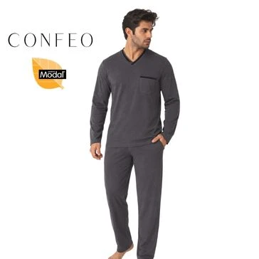 Erkek Modal Uzun Kol V Yaka Pijama Takımı Füme C940-155