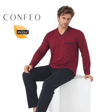 Erkek Modal Uzun Kol V Yaka Pijama Takımı Bordo C940-155