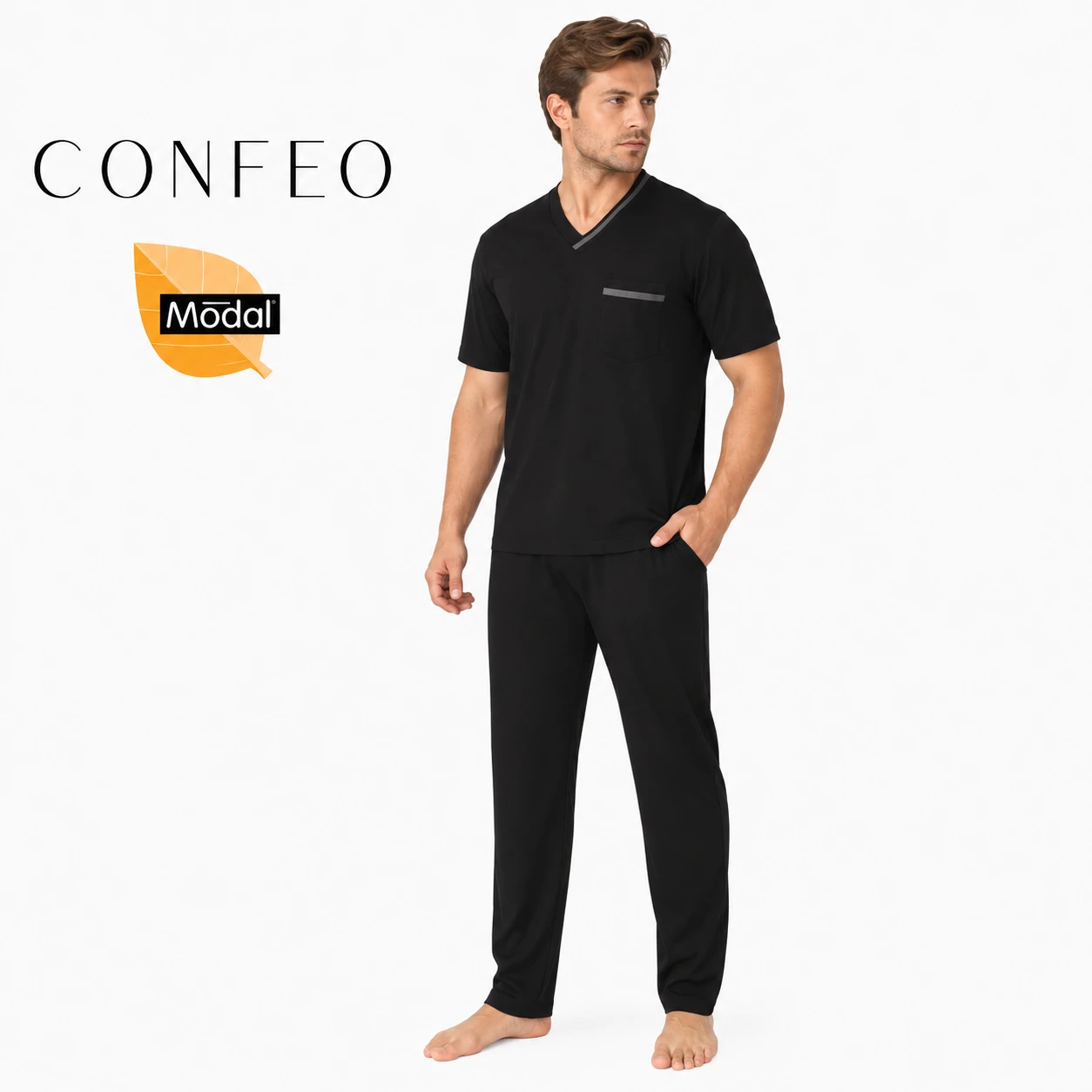 Erkek Modal Kısa Kol V Yaka Pijama Takımı Siyah C940-156