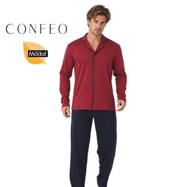 Erkek Modal Yakalı Önü Düğmeli Pijama Takımı Bordo C940-156
