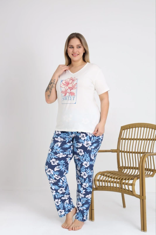 Kadın Büyük Beden V Yaka Kısa Kol Pijama Takım C840-950 Asortı-1