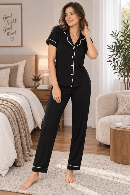 Kadın Kısa Kol Önü Düğmeli Renkli Pijama Takım C840-057