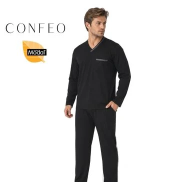 Erkek Modal Uzun Kol V Yaka Pijama Takımı Siyah C940-155