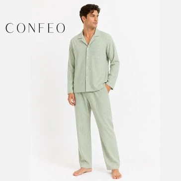 Erkek Dokuma Yakalı Önü Düğmeli Pijama Takımı Yesil C940-160