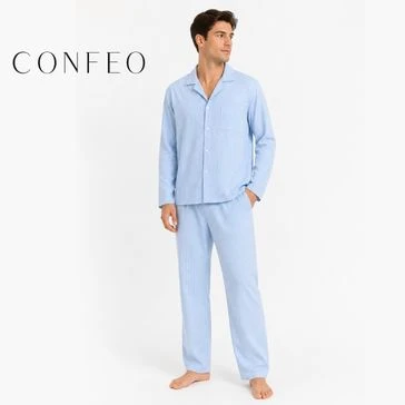 Erkek Dokuma Yakalı Önü Düğmeli Pijama Takımı Mavi C940-160